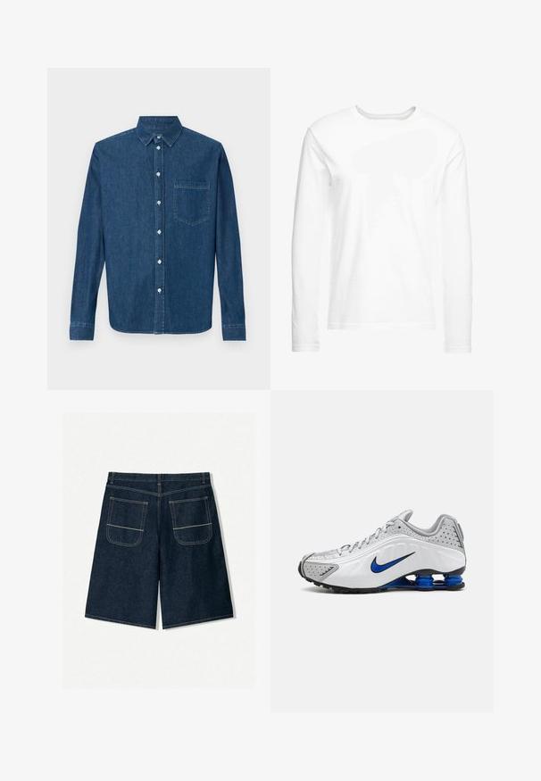 Camicia in denim blu scuro con maniche lunghe, apertura frontale con bottoni, colletto e una tasca sul petto. Caratterizzata da una texture liscia e una vestibilità standard.; T-shirt bianca a maniche lunghe realizzata in morbido cotone. Collo a girocollo con orli dritti e senza motivi o grafiche visibili.; Shorts in denim blu scuro con vestibilità ampia, dotati di due tasche posteriori con cuciture a contrasto. Taglio dritto e design alla lunghezza del ginocchio.; Scarpa da corsa Nike con tomaia bianca e grigia, dettagli blu, perforazioni, suola imbottita e un distintivo sistema a molla Shox.