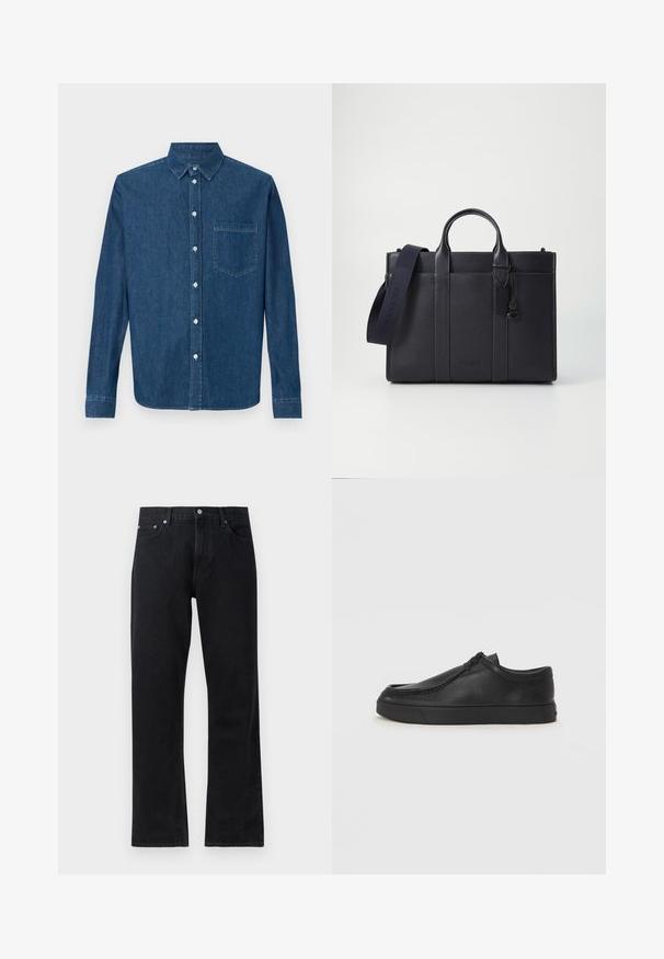 Dunkelblaue Jeanshemd mit langen Ärmeln, Knopfverschluss vorne, Kragen und einer einzelnen Brusttasche. Verfügt über eine glatte Textur und einen klassischen Schnitt.; Schwarze Jeans aus Denim mit geradem Bein, ausgestattet mit einem Knopfverschluss, im Fünf-Taschen-Stil und dezenten Steppdetails.; Schwarze Leder-Schlupfschuhe mit runder Zehenform, genähten Details und schwarzer Gummisohle. Glatte Textur mit minimalistischem Design.; Dunkelblaues Lederaktentasche mit doppelten oberen Griffen und einem abnehmbaren Gurt. Merkmale sind die strukturierte Oberfläche, vertikale Nähte und das Logo-Detail.