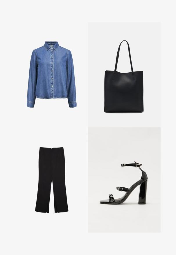 Denim-Hemd mit klassischem Kragen, langen Ärmeln und weißen Knöpfen auf der Vorderseite. Weicher, strukturierter blauer Stoff.; Schwarze Hose mit geradem Schnitt, ausgestattet mit Fronttaschen und Seitenschlitzen am Saum. Hergestellt aus weichem, glattem Stoff. Geeignet für verschiedene Anlässe.; Schwarze patentierte Sandalen mit Absatz, quadratischer Spitze, Knöchelriemen und silbernen Schnallen. Mit einem stabilen Blockabsatz für mehr Stabilität.; Schwarze Laptoptasche aus Leder mit glatter Textur, rechteckiger Form und zwei langen Griffen. Keine sichtbaren Beschläge oder Verzierungen.