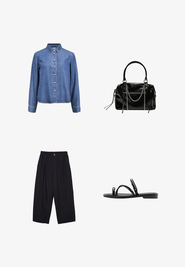 Camicia in denim con colletto classico, maniche lunghe e bottoni bianchi sul davanti. Tessuto blu morbido e testurizzato.; Pantaloni culotte neri in poliestere con una cintura elastica, due pieghe frontali e una silhouette ampia. Nessun motivo visibile o dettagli in metallo.; Infradito neri con una finitura lucida, tre sottili cinturini e un dettaglio hardware circolare sulla punta. Design elegante con un tacco minimale.; Bershka WITH CHAIN - Borsa a mano - black