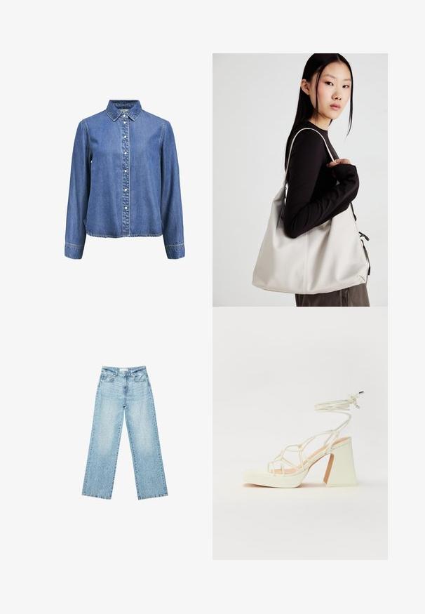 Denim skjorte med knapper, der har en klassisk krave, lange ærmer og hvide knapper foran. Blødt, textured blåt stof.; Lyseblå denim bukser med bred benvidde og høj talje, præget af en falmet vask og små, spredte slidte detaljer overalt.; Hvide højhælede sandaler med en kraftig hæl, der har et stropdesign og ankelbinding. Glat tekstur med en platform foran for ekstra højde.; Beige håndtaske lavet af blødt materiale med et slouchy design, stikninger og to skulderremme. Velegnet til daglig brug.