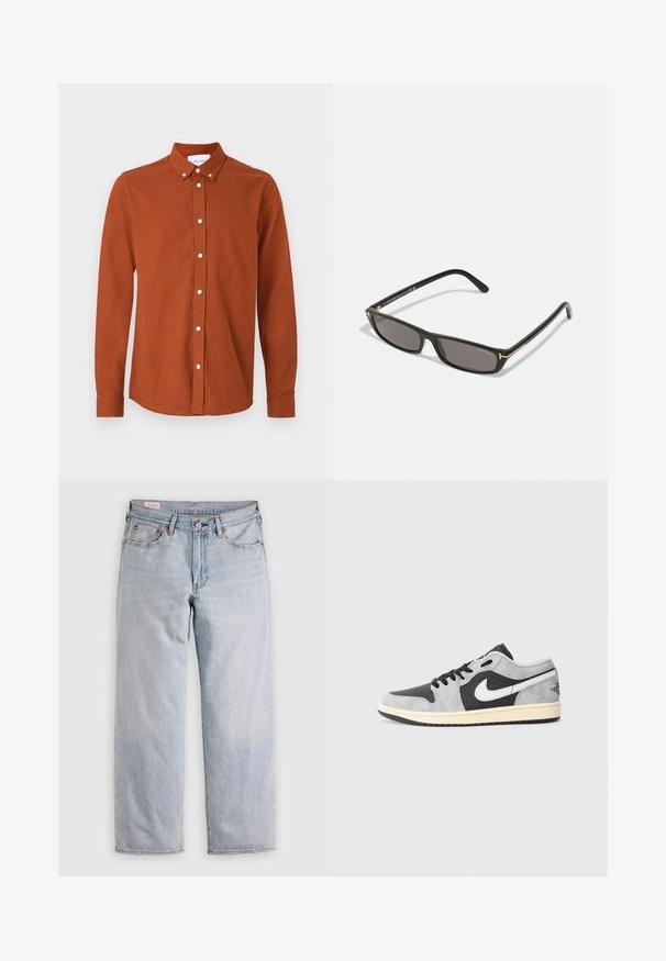 Rozsdabarna, hosszú ujjú ing, amely struktúrált anyagból készült. Gombos zapjával, fehér gombokkal és diszkrét hímzett logóval rendelkezik.; Fénykék egyenes szárú farmernadrág, magas derékkal, gombos záródással, elülső és hátsó zsebekkel, sík felületen bemutatva.; Nike Air Jordan 1 Low szürke és fekete velúrban, fehér kiegészítőkkel. Párnázott talppal és klasszikus Nike swoosh logóval rendelkezik.; Fekete, téglalap alakú napszemüveg sötét lencsékkel. Műanyag keret matt felülettel. Arany díszítések a szárakon és logóval ellátott márkajelzés.