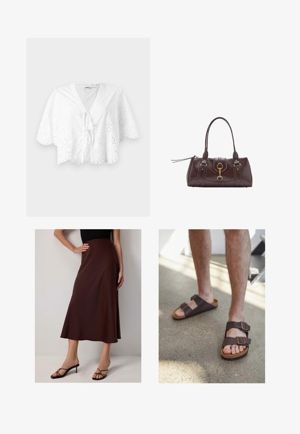 Bílá blůza s výstřihem do V, krátkými rukávy a zubatým lemem. Detail vyšívání očí na okrajích, s tkaničkovým zapínáním vepředu.; Hnědá saténová sukně ke kolenům s rozšířeným střihem. Má hladkou texturu a vysoký pas, doplněná černými sandály na podpatku.; Hnědé kožené sandály se dvěma nastavitelnými přezkami, korkovou stélkou a texturovanou gumovou podrážkou, nošené na boso na betonové podlaze.; Tmavě hnědá kožená kabelka s dvěma horními držadly, zlatými kováními, detailním předním zapínáním a prošívanou texturou na bocích.