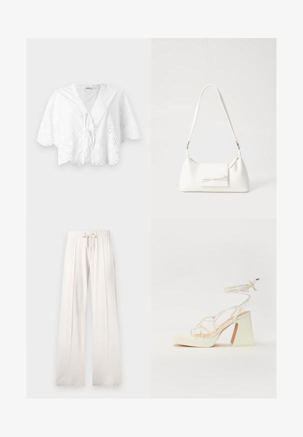 Hvit bluse med V-hals, korte ermer og bølget kant. Blonder broderi langs kantene, med knyte-lukking foran.; Lyse beige joggebukser laget av mykt stoff, med snor i livet, vide ben og vertikale sømmer, med en jevn tekstur.; Hvit høyhælte sandal med kraftig hæl, med en stroppe-design og ankelbånd. Glatt tekstur med plattform foran for ekstra høyde.; Hvit syntetisk håndveske med trekantet form, flat klaff foran og sløyfe detaljer, justerbar stropp, glatt tekstur og minimalistisk design.