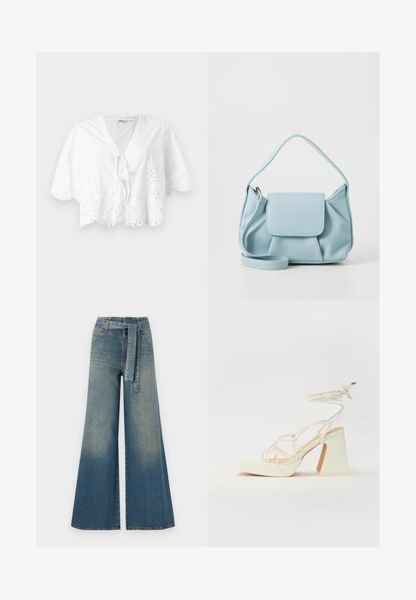 White blouse featuring a V-neck, short sleeves, and scalloped hem. Eyelet embroidery detail around the edges, with a tie closure at the front.; Wide-leg denim trousers featuring a light to dark blue gradient, high waist, belt loops, and a matching fabric belt. Textured denim finish.; White high-heeled sandal with a chunky heel, featuring a strappy design and ankle tie. Smooth texture with a platform front for added height.; Light blue leather handbag with a top handle, front flap pocket, and detachable wrist strap on a white background.