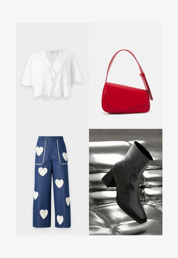 Blouse blanche avec un décolleté en V, des manches courtes et un ourlet festonné. Détail de broderie œillet autour des bords, avec une fermeture à nouer à l'avant.; Sister Jane HEART TO HEART - Jean droit - blue denim; Botte noire à la cheville en matériau brillant avec un bout carré et un talon effilé, sur un fond argenté brillant et capitonné.; Sac à main en cuir rouge avec un design angulaire et géométrique. Il dispose d'une seule sangle ajustable et d'une fermeture à rabat avec un detailing cousu.