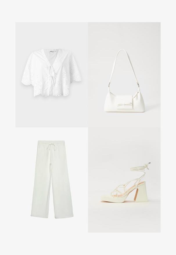 Blusa bianca con scollo a V, maniche corte e orlo a scallop. Dettagli di ricamo ad occhietti attorno ai bordi, con chiusura a fiocco davanti.; Pantaloni bianchi a gamba larga realizzati in un tessuto morbido. Presentano un elastico in vita con cordino e una consistenza liscia. Senza motivi visibili o accessori.; Sandalo bianco con tacco alto, caratterizzato da un design a cinturini e un legaccio alla caviglia. Texture liscia con una piattaforma frontale per un'altezza aggiuntiva.; Borsa sintetica bianca a forma triangolare, con patta anteriore piatta e dettaglio a fiocco, tracolla regolabile, texture liscia e design minimalista.