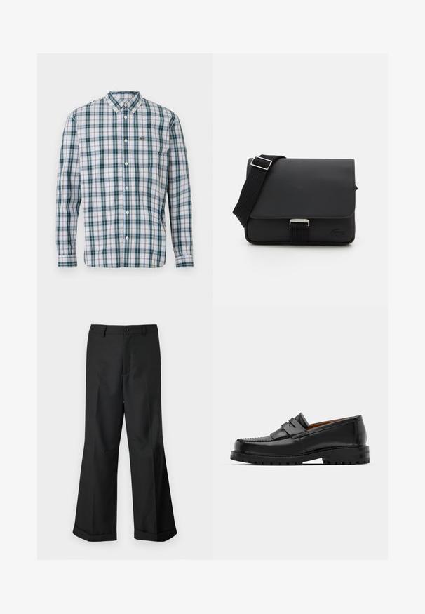 Koszula na guziki z długim rękawem w zielono-niebiesko-białą kratę; posiada kołnierzyk i logo Lacoste na piersi.; Czarne spodnie o szerokich nogawkach z zapięciem na guziki w pasie i mankietami, prezentowane na jednolitym białym tle.; Czarne skórzane mokasyny mają wyraźny szew, dwa dekoracyjne paski na górze oraz grubą, teksturowaną podeszwę dla lepszej przyczepności.; Czarna torba na ramię wykonana z teksturowanego materiału, z klapą zamykaną na zatrzask, regulowanym paskiem i metalowymi akcentami. Posiada logo na froncie.