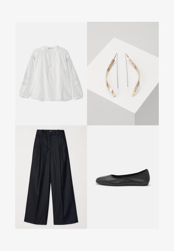 Vanessa Bruno NIPOA - Blouse - blanc; Black wide-leg trousers made of smooth fabric, featuring a high waist, pleats, and a tailored design. Simple black hardware at the waist.; Black leather ballet flat with a rounded toe, smooth texture, minimal stitching detail, and a flexible sole design.; Gold and silver drop earrings with a curved, elongated shape. Glossy finish with a smooth texture and minimalist design.