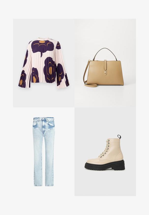 Hosszú, harang alakú, pliszézett ujjú, világos rózsaszín blúz nagy, sötétlila és arany virágmintákkal. Magas nyakú, gombos záródással.; Világoskék farmernadrág egyenes lábakkal, öt zsebbel és elhalványult textúrával. Látható varrásokkal és klasszikus gombos záródással rendelkezik.; Beige bokacsizmák vastag fekete talppal és fémlyukakkal ellátott fűzéssel, hátul húzófüllel és oldalt logóval.; Tommy Hilfiger LIBRE SATCHEL - Kézitáska - safari
