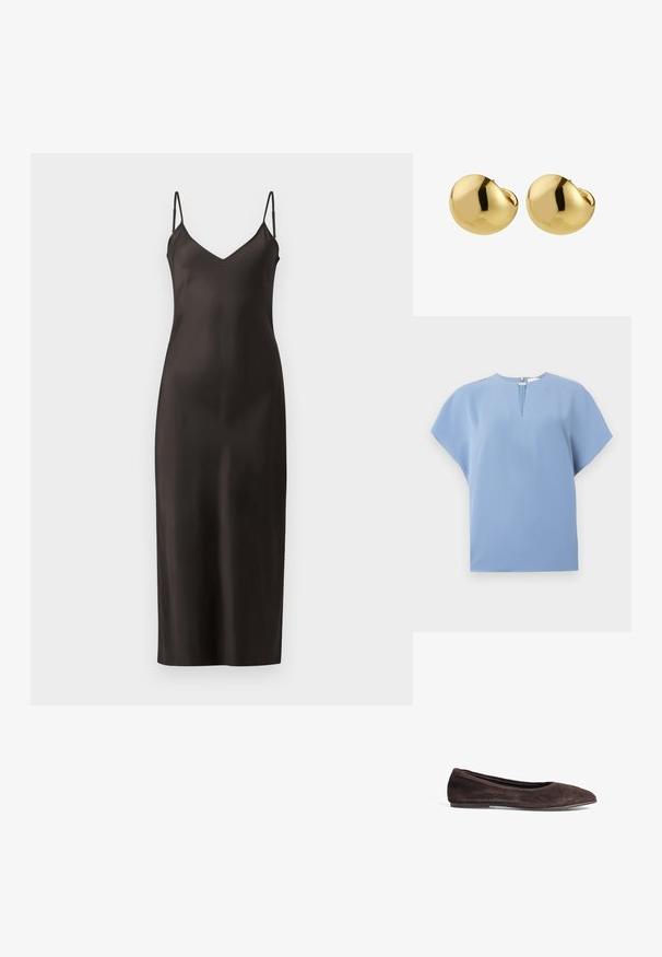 Top corto de manga corta en azul claro, con un escote redondo, detalle de pliegue en el frente y una tela suave y lisa con costuras mínimas.; Vestido largo de satén negro con tirantes delgados ajustables, escote en V y silueta recta hasta el suelo. Textura suave y diseño minimalista.; Bailarina de ante marrón con punta afilada y perfil bajo. Presenta una textura suave y un diseño minimalista. Sin hardware visible ni acentos.; Bolso de mano de cuero negro con un diseño de parte superior fruncida, que cuenta con dos asas cortas y una correa larga ajustable. Textura suave, forma redondeada.; Pilgrim JACE - Pendientes - gold-coloured