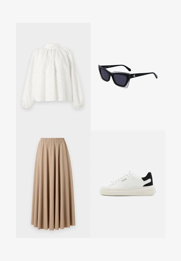 Witte blouse met lange mouwen en een hoge kraag, voorzien van gedetailleerde bloemrijke borduursels en een comfortabele, losse pasvorm. De manchetten zijn geplooid en licht opgeblazen.; Beige maxi rok met een elastische tailleband, gemaakt van zachte stof met een soepel, geplooid ontwerp. Glad materiaal, effen kleur.; Witte leren sneakers met een dikke witte zool, zwarte suède hielaccent en een geperst logo op de zijkant. Vetersluiting met zes oogjes.; Zwarte oversized zonnebril met een geometrische vorm, voorzien van donkere glazen en een contrasterend grijs detail op het montuur. Logo op de arm.