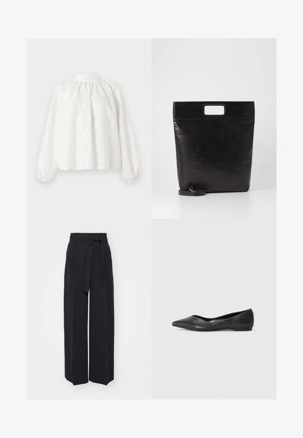 Hvid bluse med lange ærmer og høj hals, med indviklet blomsterbroderi og løs pasform. Manchetterne er rynkede og let puffede.; Vide sorte bukser lavet af blød stof. Har en bælteholdbar talje og frontfolder. Glat tekstur med et rent, moderne design.; Sorte læder balletlejersko med spids tå, lav hæl og glat overflade. Minimalistisk design med en diskret sideaccent.; Sort læder tote bag med et firkantet håndtag, der har en tekstureret overflade og prægede logo. Indeholder en aftagelig rem.