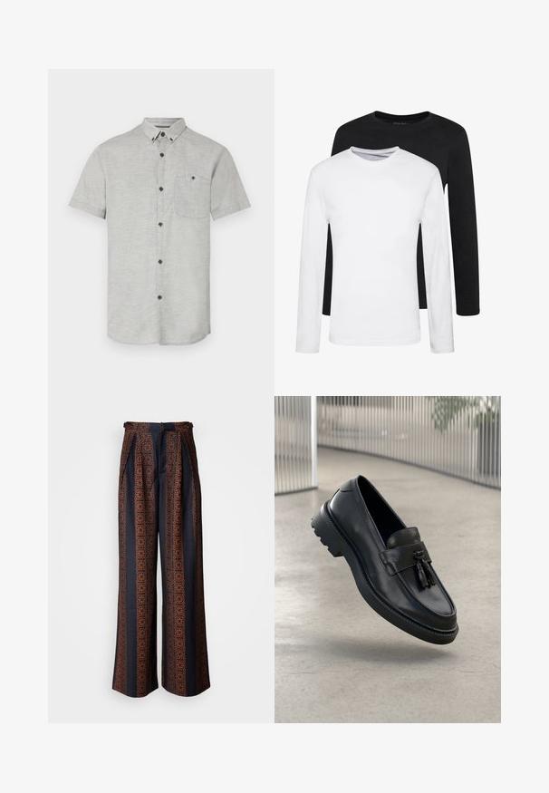 Kortærmet skjorte med knapper i lysegrå stof, med en brystlomme og mørke knapper for kontrast. Glat tekstur med en subtilt mønster.; To lange ærmede skjorter, en sort og en hvid, lavet af bomuld med rund hals og en glat tekstur, vist i en stakket opstilling.; Bredde ben bukser i mørkeblå stof med et indviklet orange geometrisk mønster, med plisseret front og en tætsiddende talje.; Sorte læderloafer med glat finish, dekorativ kvast, tyk gummisål og syede detaljer. Let og elegant design.