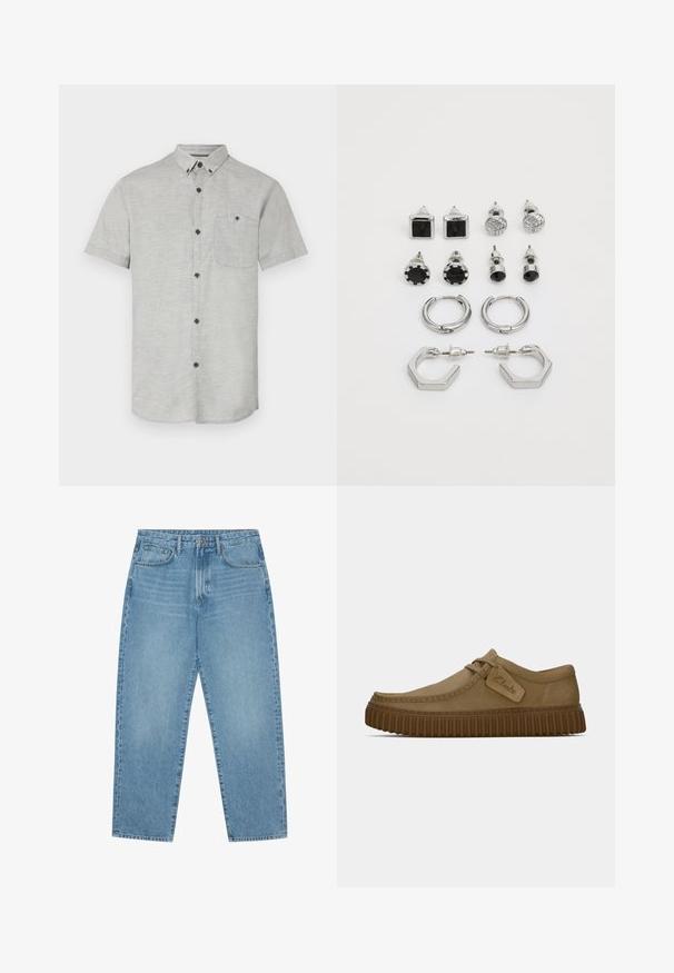Short-sleeve button-up shirt in light gray fabric, featuring a chest pocket and dark buttons for contrast. Smooth texture with subtle pattern.; Light blue denim wide-leg jeans with a high waist, featuring five pockets, belt loops, and a soft, slightly faded texture.; Light brown suede shoes with a rounded toe, stitched detailing, and a ribbed brown rubber sole. Features a side tag with "Clarks" logo.; Silver-tone earrings set, featuring two pairs of hoop earrings and six stud pairs with various shapes and textures, including black accents.