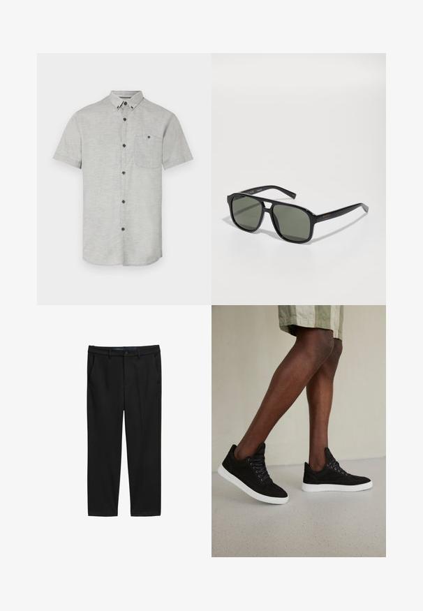 Šviesiai pilkas trumpomis rankovėmis marškinėlių mygtukais, su krūtinės kišenėle ir tamsiais mygtukais kontrastui. Lygus paviršius su subtiliu raštu.; Juodi tiesūs keliai, pagaminti iš tekstūruotos medžiagos. Su dviem priekiniais kišenėmis ir sagų užsegimu juosmenyje.; Juodi nubuko sportbačiai su baltais guminiais padais, turintys apvalias raišteles, žemo profilio dizainą ir lygų paviršių.; Juodos stačiakampės saulės akinių su žaliais lęšiais, blizgus rėmelis, metalinės detals ir auksinė logotipo akcentas šventėje.