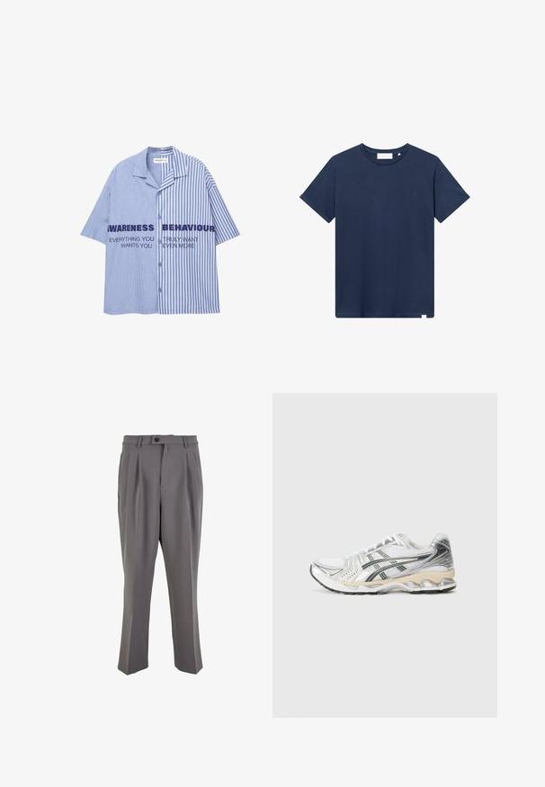 Modrá a bílá pruhovaná košile s krátkým rukávem a zapínáním na knoflíky, která má výrazný text přes hrudník. Bavlněný materiál, volný střih.; Námořnická modrá bavlněná tričko s kulatým výstřihem, krátkými rukávy a malým vyšitým logem na levém prsu. Hladká textura.; Šedé plisé kalhoty vyrobené z hladkého materiálu, s rovnými nohavicemi, jednořadovým zapínáním na knoflík a poutky na opasek. Minimalistický design.; Bílé sportovní boty se stříbrnými a černými akcenty, síťovaný svršek, texturovaný design, polstrovaná podrážka a flexibilní vzor podrážky.