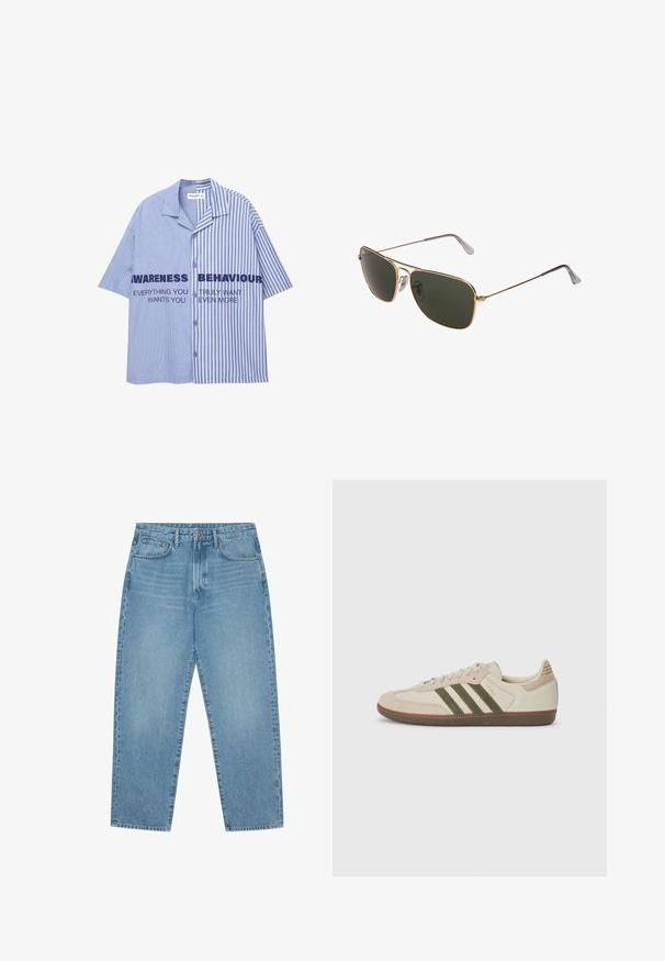 Hellblau-weißer gestreifter Kurzarmhemd mit Knopfleiste, auf dem Brustbereich mit fettem Text bedruckt. Aus Baumwollmaterial, legerer Schnitt.; Hellblaue Jeans im weit geschnittenen Stil mit hoher Taille, ausgestattet mit fünf Taschen, Gürtelschlaufen und einer weichen, leicht verblassten Textur.; adidas Originals SAMBA OG UNISEX - Sneaker low - alumina/medium dark khaki/gum; Goldfarbene Metall-Aviator-Sonnenbrillen mit großen dunkelgrünen Gläsern, ausgestattet mit einem dünnen Rahmen und transparenten Nasenpolstern für zusätzlichen Komfort.