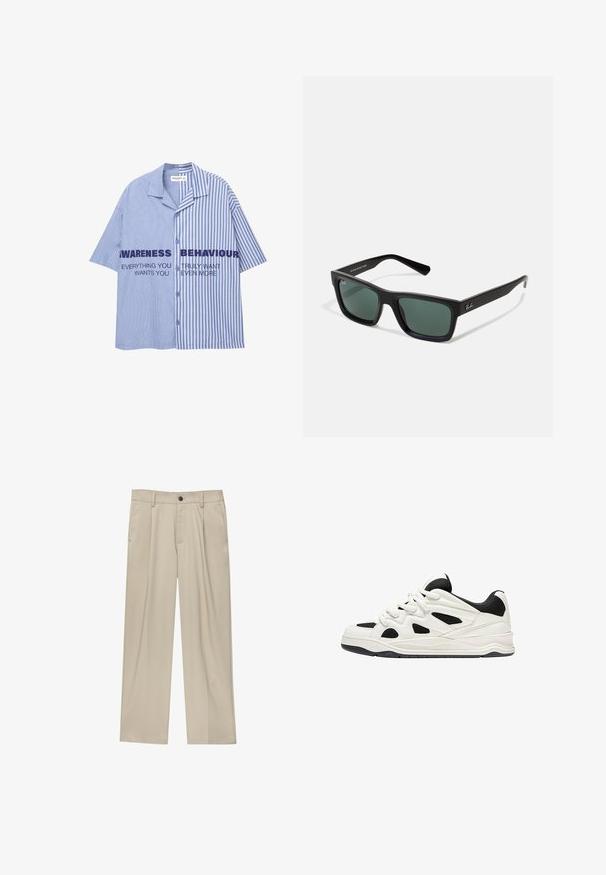 Camicia a maniche corte a righe blu e bianche con chiusura a bottoni, caratterizzata da un testo in grassetto sul petto. Tessuto in cotone, vestibilità comoda.; Pantaloni beige a taglio dritto, con un solo bottone nero, passanti per la cintura e tasche laterali. Tessuto dalla texture liscia e design minimale.; Scarpe da ginnastica bianche e nere con suola testurizzata, caratterizzate da intagli sui lati e lacci, e una schiena imbottita per il supporto.; Occhiali da sole neri rettangolari con lenti verdi, caratterizzati da una finitura opaca, aste dritte e il logo Ray-Ban sul lato.