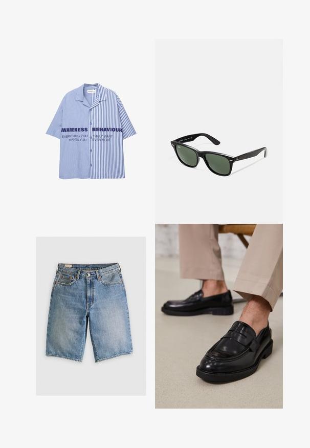 Camicia a maniche corte a righe blu e bianche con chiusura a bottoni, caratterizzata da un testo in grassetto sul petto. Tessuto in cotone, vestibilità comoda.; Shorts in denim azzurro chiaro con taglio classico. Presentano cinque tasche, dettagli di cucitura arancione e orli a taglio vivo.; Mocassini in pelle nera con finitura liscia, dotati di una cintura decorativa e cuciture a contrasto, abbinati a pantaloni beige.; Occhiali da sole in plastica nera con lenti verdi, montatura quadrata, dettaglio argento sulla parte superiore e steli con texture. Marchio indicato sulla parte interna dello stelo.