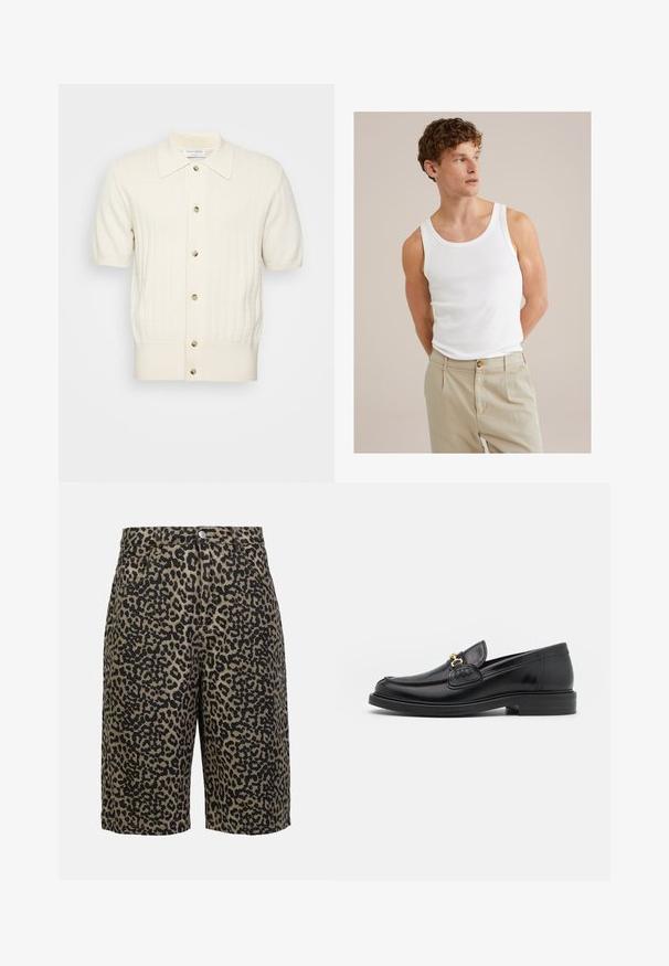 Šortinio rankovių kreminio spalvos cardigan'o, pasižyminčio reliefiniu tekstūru, penkių mygtukų užsegimu ir smailiu apykaklė. Medžiaga atrodo minkšta ir glotni.; Balta medvilninė tankų palaidinė su apvalia iškirpte ir plačiomis petnešomis, derinama su šviesiai smėlinėmis kelnių, kurios turi mygtuką ir klostes.; Lauko rašto džinsiniai šortai žemiškų tonų, su sagčių uždarymu, penkiais kišenėmis ir laisvu siluetu.; Juodos odinės loafer tipo bateliai su apvaliuku, su auksinėmis detalėmis ir siuvinėjimo akcentais, įrengti ant žemos, tekstūruotos gumos pado.
