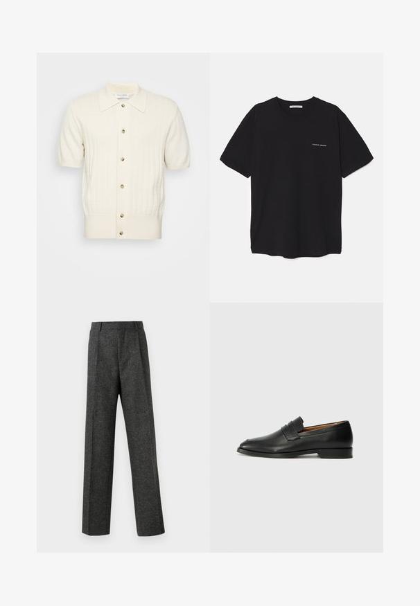 Korte mouwen crèmekleurige cardigan met een geribd textuur, vijf knopen en een puntige kraag. Het materiaal lijkt zacht en glad.; Zwarte katoenen T-shirt met een ronde hals, korte mouwen en een witte logo-print op de linkerkant van de borst. Eenvoudig, effen kleur ontwerp.; Grijze op maat gemaakte broek van gestructureerde stof, met twee voorplooien en een rechte pijp. Geen zichtbare zakken of versieringen.; Zwarte leren instapper met een ronde neus, subtiele stikdetails en een lage hak, met een gladde textuur en een minimalistisch ontwerp.