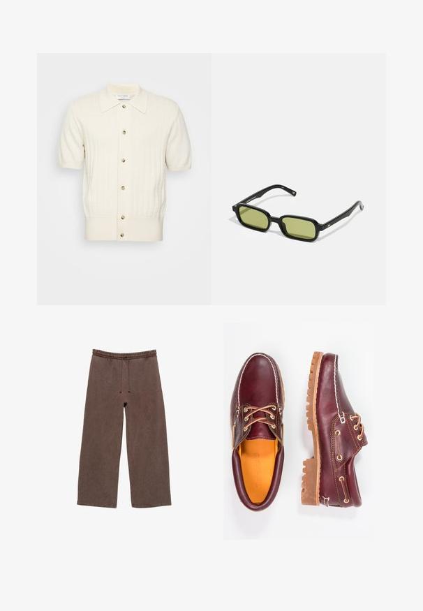 Cardigan corto a maniche corte di colore crema con texture a coste, chiusura a cinque bottoni e colletto a punta. Il materiale sembra morbido e liscio.; Pantaloni della tuta in cotone marrone con vita elastica, coulisse regolabile, gambe ampie e minimo dettaglio di cucitura.; Scarpe in pelle bordeaux con suole in gomma marrone, punta rotonda, cuciture bianche e occhielli dorati. L'interno presenta un rivestimento giallo.; Occhiali da sole neri con un design angolare, lenti verdi e montatura in plastica liscia. Presentano dettagli dorati sulle stanghette.
