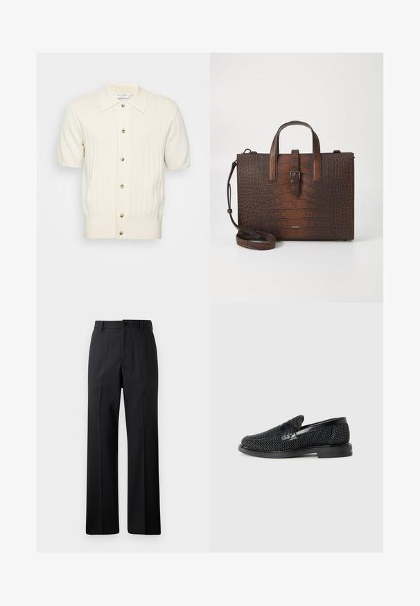 Korte mouwen crèmekleurige cardigan met een geribd textuur, vijf knopen en een puntige kraag. Het materiaal lijkt zacht en glad.; Zwarte rechte broek met riemlussen, voorknop en rits, weergegeven op een effen witte achtergrond.; Zwartegeweven instap schoenen met een glad leren accent aan de bovenkant, een ronde neusontwerp en een laag profiel rubberen zool.; Bruine handtas van krokodillenleer met reliëf, voorzien van bovenhandgrepen en een afneembare schouderband. Bevat een gespsluiting en heeft een rechthoekige vorm.