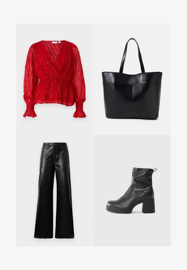 Blusa vermelha, transparente, com tecido texturizado e pregueado. Apresenta mangas longas com punhos franzidos e um decote em V, ajustada na cintura.; Calças largas de imitação de couro pretas, de cintura alta, com botão frontal, fecho de correr, passadores de cinto e bolsos laterais sobre fundo branco.; Botas de tornozelo pretas feitas de couro liso, com fecho lateral, salto grosso texturizado e design de bico arredondado.; Bolsa tote preta em couro com duas alças longas, textura suave e forma estruturada. Apresenta um bolso frontal para armazenamento adicional.