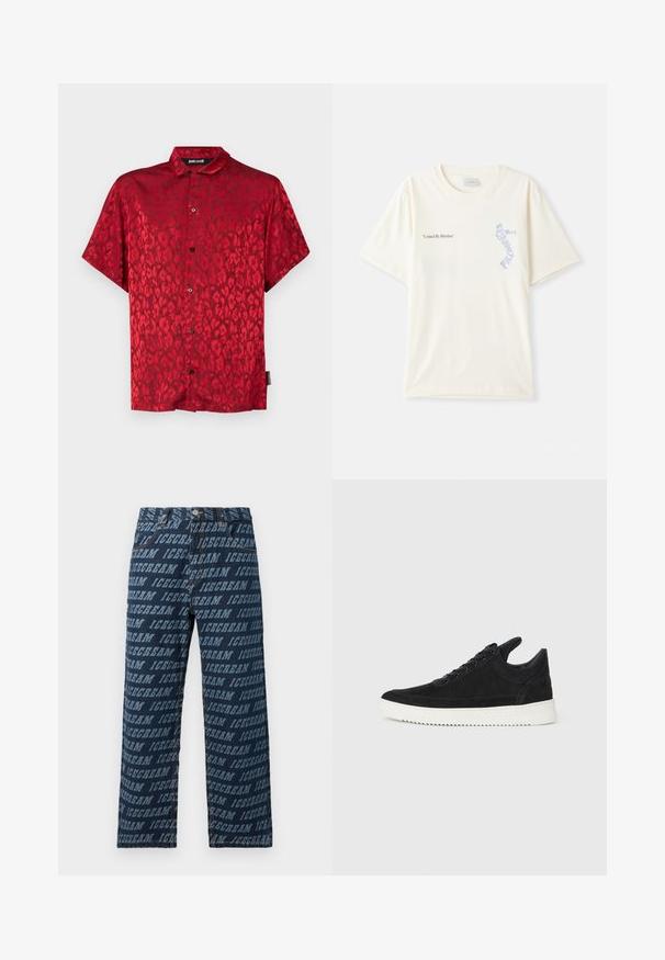 Sarkana īsām piedurknēm krekliņš ar leopardu rakstu, izgatavots no gludas auduma. Iekļauj pogu aizdari un klasisku apkakles dizainu.; Balts kokvilnas T-krekls ar īsām piedurknēm, ar melnu un zilu grafiku "United By Rhythm" uz krūtīm. Apaļš kakla izgriezums.; Tumši zili džinsi ar visu virsmu klātu atkārtotu „ICECREAM” tekstu gaišākā tonī. Taisnā kāja ar standarta jostu.; Melna zamša apavi ar baltu gumijas zoli, ar tonālu izšuvumu un auklu dizainu. Gluda tekstūra ar mūsdienīgu, plūstošu formu.