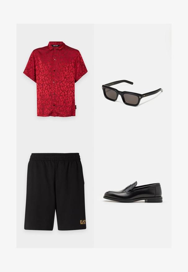 Raudona trumpų rankovių marškinė su leopardų spausdiniu, pagaminti iš lygaus audinio. Turi užsegimą priekyje ir klasikinius apykaklės dizainą.; Juodas medvilninis marškinėliai su apvaliu iškirpu, trumpomis rankovėmis ir baltu "EMPORIO ARMANI" logotipu virš "Milano" kreivame dizaino.; Juoda sportinė šortai, pagaminti iš minkštos medžiagos, su elastingu diržu ir maža geltona EA7 logo apatinėje kairėje kojoje.; Juodos odinės loafers, turinčios lygų paviršių, apvalią noselę ir dekoratyvinę juostą per priekinę dalį. Žemas krentantis kulnas, minimalistinis dizainas.; Juodos stačiakampės akinių nuo saulės su tamsiais objektyvais, storu plastiko rėmu, auksinėmis detalėmis ant šventyklų ir prekės ženklo logotipu išgraviruotu ant šono.