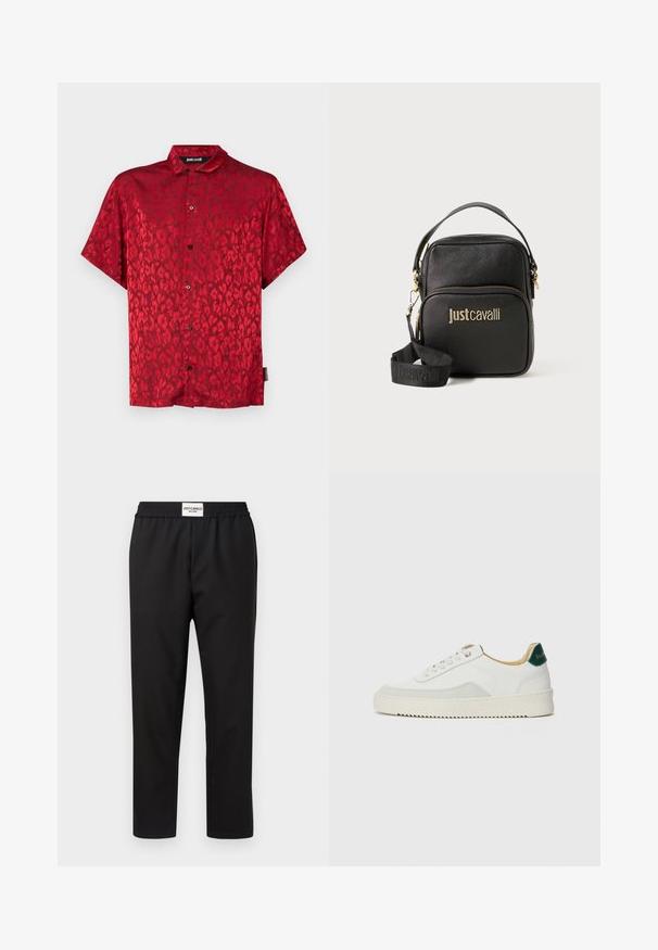 Czerwona koszula z krótkim rękawem w wzór lamparta, wykonana z gładkiego materiału. Posiada zapięcie na guziki z przodu oraz klasyczny krój kołnierzyka.; Czarne spodnie z elastycznym paskiem w talii. Wykonane z gładkiego, lekkiego materiału. Charakteryzują się prostą nogawką i minimalnym wykończeniem.; Białe trampki z zamszowymi akcentami, zaokrąglony czubek, płaskie sznurowadła i kremowa gumowa podeszwa. Posiadają zielone logo na pięcie.; Czarna torebka teksturowana z logo marki w złotym odcieniu. Posiada uchwyt do noszenia w dłoni oraz regulowany pasek, zamek błyskawiczny i kwadratowy kształt.