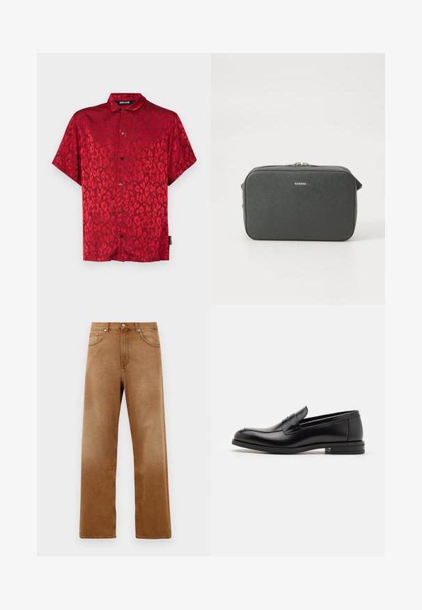 Punane lühikeste varrukatega särk leopardimustriga, valmistatud siledast materjalist. Omab nööpidega kinnitatavat esiosa ja klassikalist kaeluse disaini.; Pruunist denimist laiad püksid kõrge vöökohtaga, millel on kaks eesmist taskut, nööbiga sulgemine ja peen tekstuur. Ilma nähtavate mustrite või aktsendita.; Mustad mustad nahast loafers sileda tekstuuriga, ümarat ninaosa ja dekoratiivne riba vampi üle. Madal kihiline konts, minimalistlik disain.; Musträkkaline ristkeha kott musta tekstuuriga, millel on hõbedane topelt tõmblukk ja väike "Sandro" logo keskel ees.