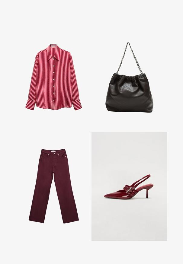 Rot-weiße gestreifte langärmelige Hemd mit Knopfleiste und breitem Kragen. Verfügt über breite Manschetten an den Ärmeln.; Burgunderfarbene hochtaillierte Jeans mit geradem Bein-Design, ausgestattet mit vorderen Taschen, einem Knopfverschluss und metallischen Akzenten in Kupferfarbe.; Rote Lackleder Slingback-Absätze mit spitzem Zeh, zwei Schnallenriemen und einem schlanken, mittelhohen Stiletto-Absatz. Glatte Textur.; Braune Lederhandtasche mit gerafftem Oberteil und Kettenriemen. Glatte Textur mit glänzendem Finish und subtilen Nahtdetails an den Seiten.