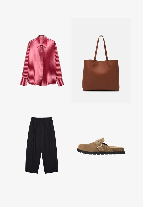 Red and white striped long-sleeve button-up shirt with a wide collar and button placket. Features wide cuffs at the sleeve ends.; Black polyester culotte pants with an elastic waistband, two front pleats, and a loose silhouette. No visible patterns or hardware details.; Brown suede slide sandal with a rounded toe, adjustable buckle strap, and textured insole. Features a black rubber sole with ridges.; Brown leather tote bag with a smooth texture, open top design, and two shoulder straps. Features minimal stitching and no visible hardware.