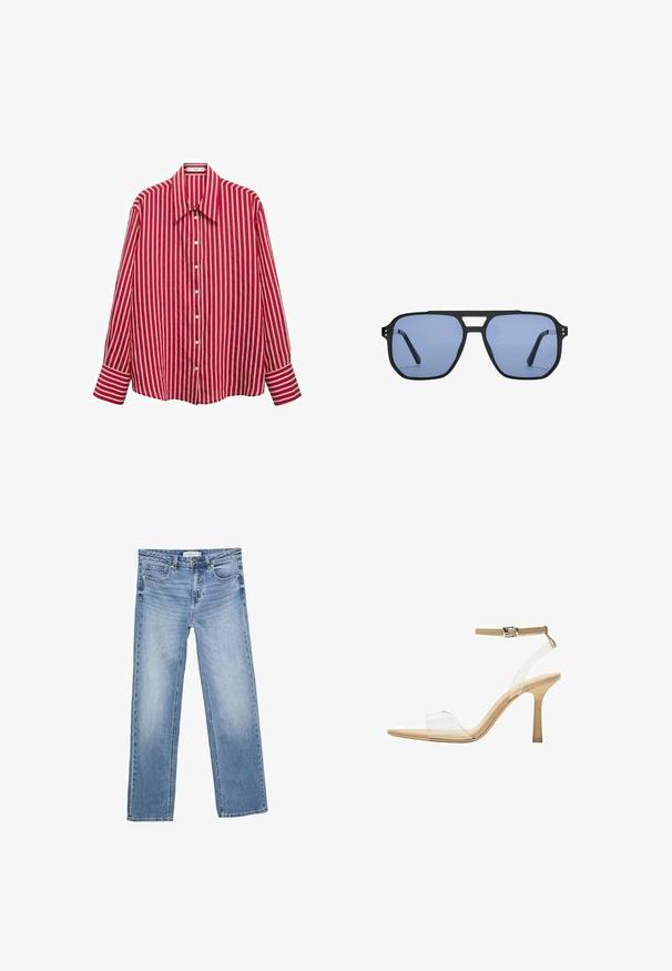 Červená a biela pruhovaná košeľa s dlhým rukávom, zapínaná na gombíky, so širokým golierom a zapínaním na gombíky. Obsahuje široké manžety na koncoch rukávov.; Rovné modré denimové džínsy s vyblednutým umývaním, piatimi vreckami a klasickým zapínaním na gombíky. Bavlnený materiál s viditeľným šitím.; Priehľadné sandále na vysokom podpätku s transparentným zvrškom, béžovou stielkou a štíhlym remienkom na členku. Majú špicatú špičku a tenký vysoký podpätok.; Stradivarius RETRO - Slnečné okuliare - light blue
