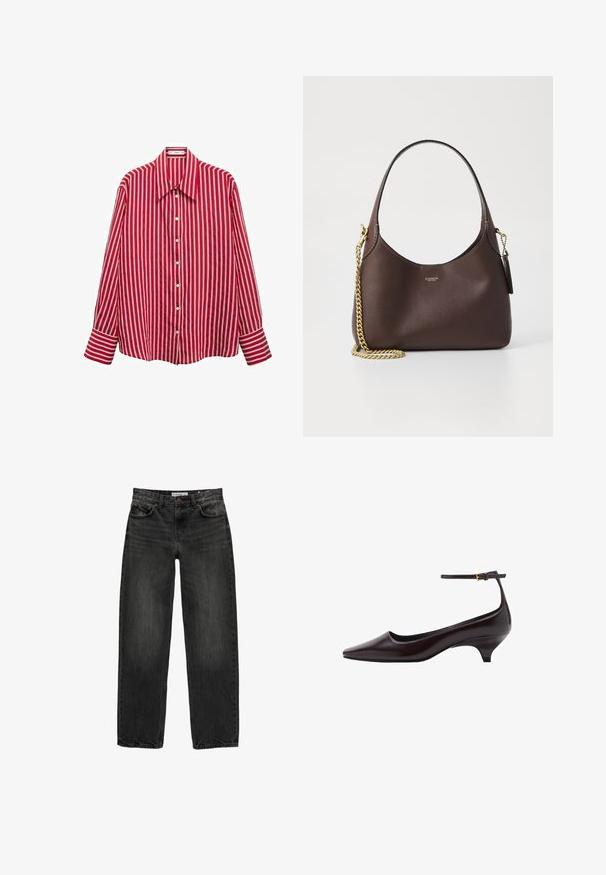 Rot-weiße gestreifte langärmelige Hemd mit Knopfleiste und breitem Kragen. Verfügt über breite Manschetten an den Ärmeln.; Schwarze Jeans aus Denim mit lockerer Passform, geradem Bein, fünf Taschen-Design und einer leicht gewaschenen Textur. Knopf- und Reißverschluss vorne.; Dunkelbraunes, spitz zulaufendes Lederschuh mit Kitten-Heel, dünnem Knöchelriemen und kleiner goldener Schnalle.; COACH BROOKLYN SHOULDER BAG 23 - Handtasche - maple