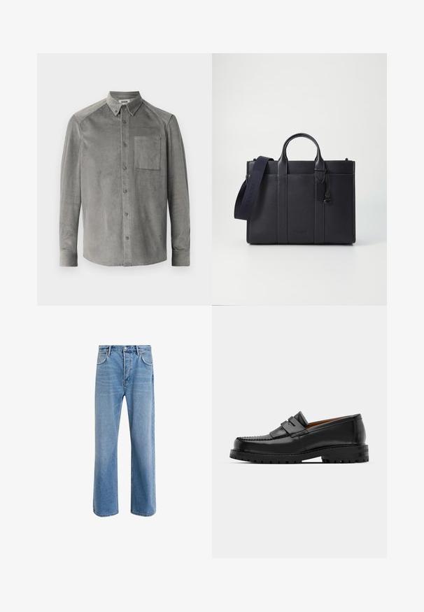 Szara kordurojowa koszula z długim rękawem z kieszonką na przodzie, kołnierzykiem na guziki oraz pionową strukturalną teksturą; standardowy krój z zapięciem na guziki.; Jasnoniebieskie dżinsy o prostym kroju, pięć kieszeni, zapięcie na guzik, minimalne blaknięcia i kontrastowe wykończenia szwów.; Czarne skórzane mokasyny mają wyraźny szew, dwa dekoracyjne paski na górze oraz grubą, teksturowaną podeszwę dla lepszej przyczepności.; Ciemnogranatowa skórzana teczka z podwójnymi rączkami u góry i odpinanym paskiem. Posiada teksturowane wykończenie, pionowe przeszycia oraz detal z logo.