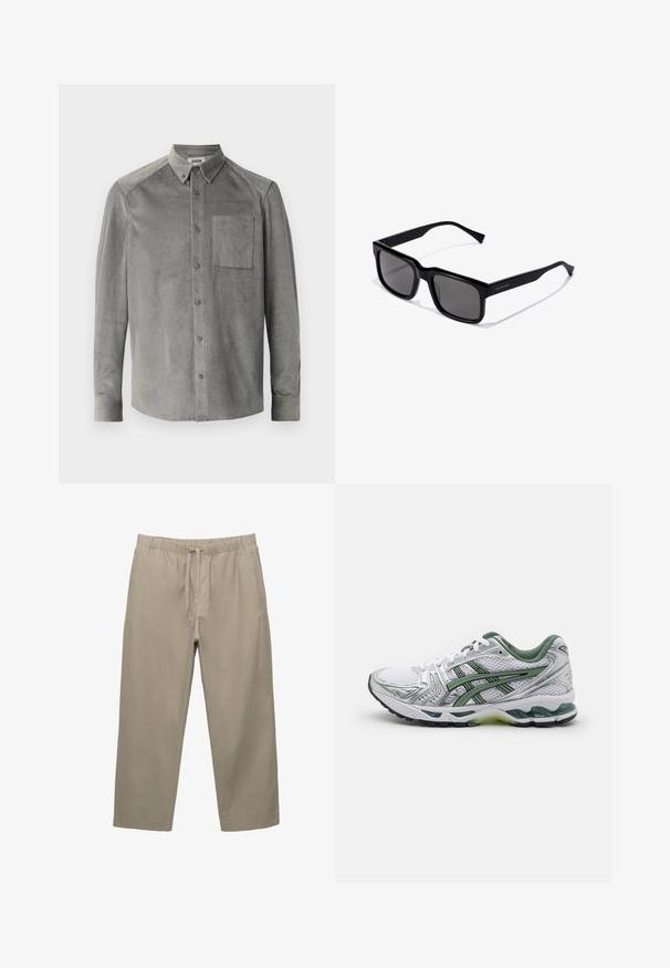 Camicia a maniche lunghe in velluto a coste grigio, con tasca frontale, colletto button-down e texture a coste verticali; vestibilità standard con chiusure a bottone.; Pantaloni in cotone beige con vita elastica e cordoncino regolabile. Design a gamba dritta con tasche laterali e una texture liscia.; Scarpa da corsa bianca con accenti argentati, colletto in rete verde e strisce verdi. Presenta una tomaia in rete testurizzata e suola imbottita.; Occhiali da sole neri rettangolari con lenti scure; montatura in plastica lucida con stanghette dritte e un sottile dettaglio del logo di lato.; Orologio in acciaio inox argentato con quadrante rotondo bianco, lunetta tachimetrica nera, dettagli verdi e bracciale in metallo a maglie.