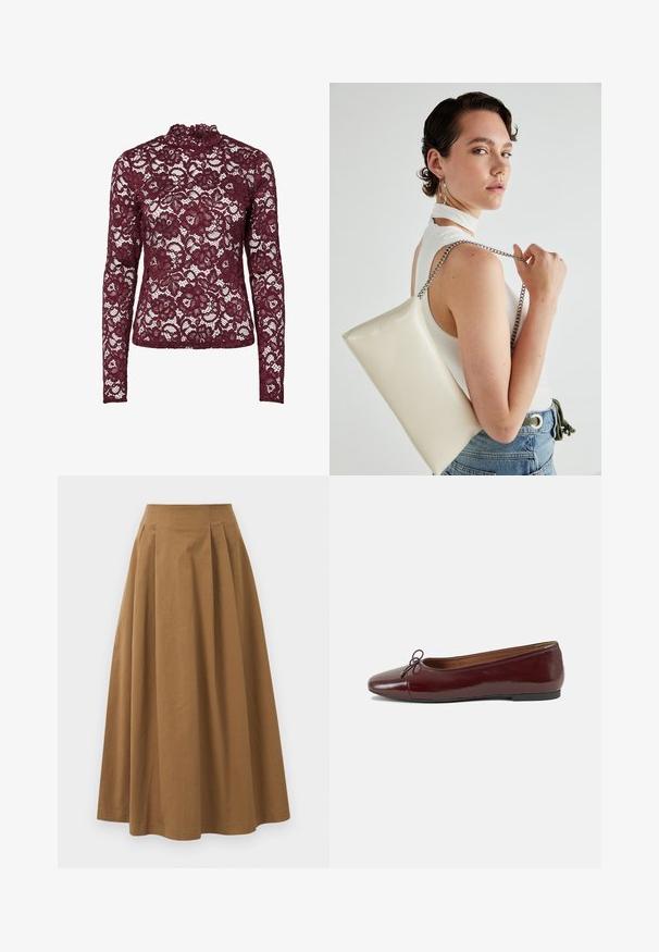 Burgundi csipke, hosszú ujjú felső magas nyakkal, virágmintákkal és átlátszó, texturált felülettel.; Barna pamut A-vonalú szoknya magas derékkal, elöl pliszézett és sima textúrával. Az alsó szegélyek letisztultak és egyszerűek.; Burgundi lakkbőr balettcipő kerek orral, elöl kis masni díszítéssel és alacsony, fekete gumi talppal. Simára csiszolt felület.; Fehér, téglalap alakú, fényes anyagból készült clutch táska, ezüst láncos pánttal. A modell pózol, bemutatva a táskát egy egyszínű háttér előtt.