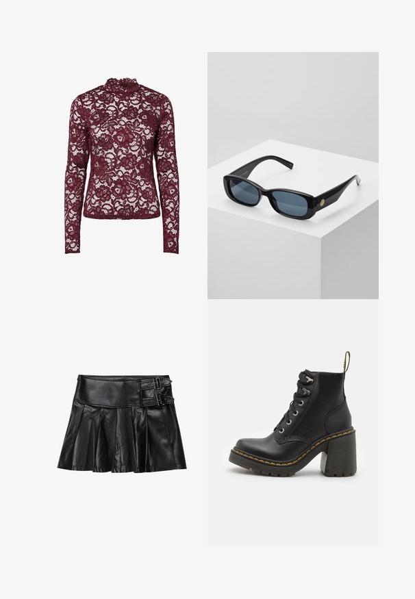 Bordowa koronkowa bluzka z długim rękawem i wysokim kołnierzem, z kwiatowymi wzorami i przejrzystym, teksturowanym wykończeniem na całej powierzchni.; Czarna skórzana spódnica z plisami, szerokim pasem i dwoma detalami w postaci klamer z boku. Gładka faktura o błyszczącym wykończeniu.; Czarne skórzane botki za kostkę z masywnym wysokim obcasem, sznurówką z przodu, metalowymi oczkami i żółtym przeszyciem wzdłuż podeszwy. Teksturowana gumowa podeszwa.; Czarne prostokątne okulary przeciwsłoneczne z przyciemnionymi niebieskimi soczewkami, grubymi ramkami i złotym okrągłym akcentem po boku. Gładkie, błyszczące wykończenie.; Burgundowa torebka wykonana z materiału syntetycznego, o strukturalnym designie, z odpinanym paskiem i chustą w kwiatowy wzór związaną na uchwycie.