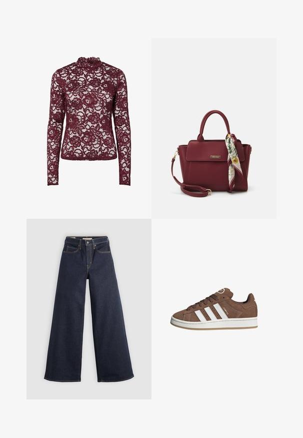Burgundská krajková halenka s dlouhým rukávem a vysokým límcem, zdobená květinovými vzory a průsvitným, texturovaným povrchem.; Džínové kalhoty s širokými nohavicemi ve tmavě modré barvě s kontrastním prošíváním. Mají tradiční pětikapsový design a zapínání na knoflík v pase.; Hnědé semišové tenisky s bílými koženými pruhy, gumovou podrážkou, kulatou špičkou a šněrováním vpředu. Mají logo na jazyku a perforované detaily.; Burgundská kabelka vyrobená z umělého materiálu se strukturovaným designem, která má odnímatelný popruh a kroužek, na kterém je uvázaný šátek s květinovým vzorem.
