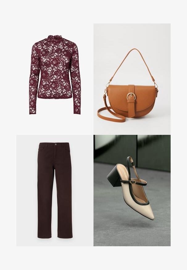 Bordová krajková blúzka s dlhým rukávom a vysokým golierom, so vzormi kvetín a priesvitnou, textúrovanou povrchovou úpravou.; Hnedé bavlnené nohavice so strihom rovného nohavice, dvoma prednými vreckami a gombíkovým zapínaním na páse. Hladká textúra bez viditeľných vzorov.; Béžová lodička so špicatou špičkou, s čiernym lemom, zlatou prackou a robustným blokovým podpätkom na šedom podlahe s tmavozeleným pozadím.; Hnedá kožená kabelka cez telo s zakriveným tvarom, zlatými kovovými doplnkami a akcentom s prackou. Obsahuje odnímateľný ramenný popruh.