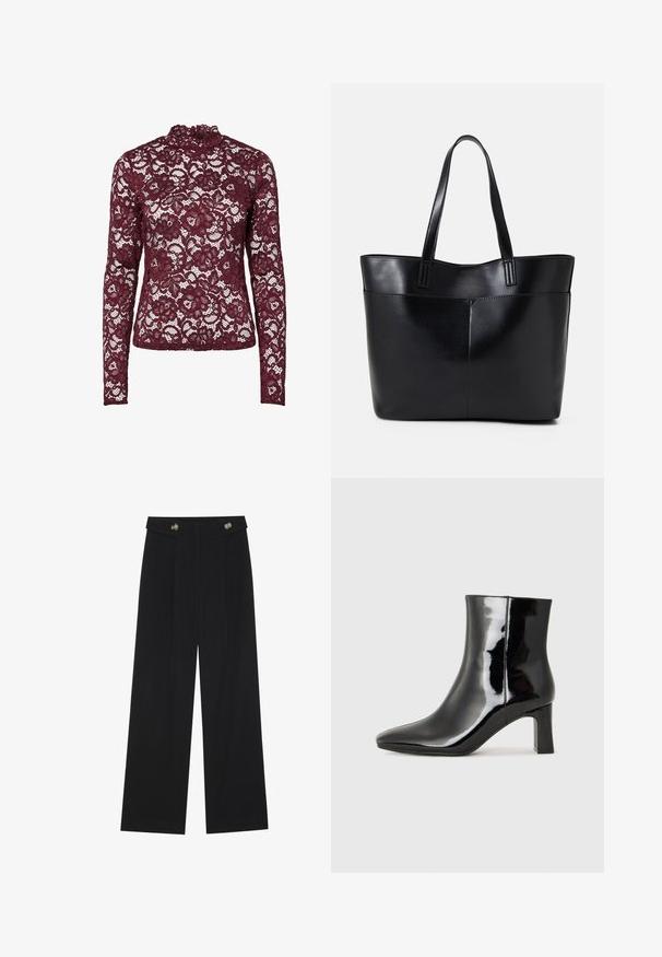 Burgunderfarbene Spitzenbluse mit langen Ärmeln und hohem Kragen, die florale Muster und ein transparenter, strukturierten Look aufweist.; Schwarze weite Hosen mit hoher Taille, Knopfdetails am Bund und vorderen Falten.; Schwarzer Lackleder-Stiefelette mit spitzer Zehe und einem mittelhohen Blockabsatz. Glatte Textur und minimalistisches Design.; Schwarze Leder-Shopper-Tasche mit zwei langen Griffen, einer glatten Textur und einer strukturierten Form. Verfügt über eine Vordertasche für zusätzlichen Stauraum.
