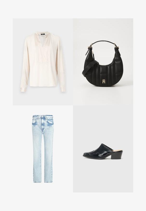 Blusa a maniche lunghe di colore crema in tessuto satinato, con un alto colletto decorato da una catena e un'apertura a V, dal taglio morbido.; Jeans in denim azzurro chiaro con design a gamba dritta, cinque tasche e una texture sbiadita. Presentano cuciture a vista e una chiusura con bottone classico.; Mule in pelle patinata nera con punta affusolata, design curvato e tacco a blocco basso con cuciture decorative lungo la parte superiore.; Borsa a spalla in pelle nera con forma curva, texture trapuntata e dettagli in oro. Presenta una tracolla removibile e dettaglio del logo.