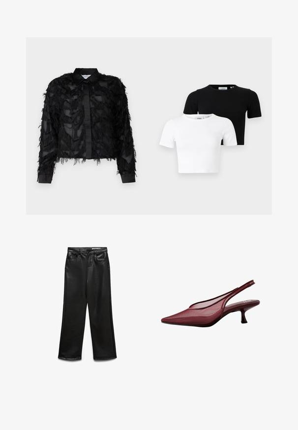 Selected Femme SLFMYLINE FLUFFY CROPPED - Skjortebluser - black; Sæt bestående af to kortærmede cropped t-shirts i sort og hvid, lavet af ribbet stof med rund halsudskæring og tætsiddende design.; Sorte bukser i bred benvidde lavet af kunstlæder med frontlommer, bæltestropper og en diskret glans. Glat tekstur og skræddersyet pasform.; Burgundy slingback pumps med spids tå og mesh-overdel. Har en slank hæl og udskæringsdesign, der giver en elegant silhuet.