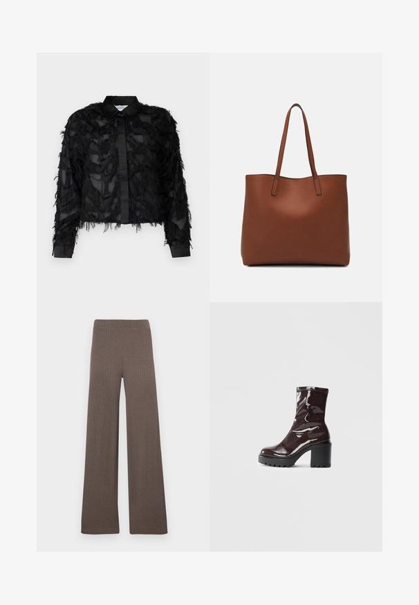 Selected Femme SLFMYLINE FLUFFY CROPPED - Blus - black; Ribbstickade vida byxor i mörkbrun färg, med en stretchig midjeresår och ett mjukt, strukturerat tyg.; Glansig bordeauxfärgad ankelsko med en kraftig svart klack, som har en slät yta och enkel design. Inga synliga stängningar eller mönster.; Brun läder tote-väska med en slät textur, öppen toppdesign och två axelremmar. Har minimal söm och ingen synlig metalldetalj.