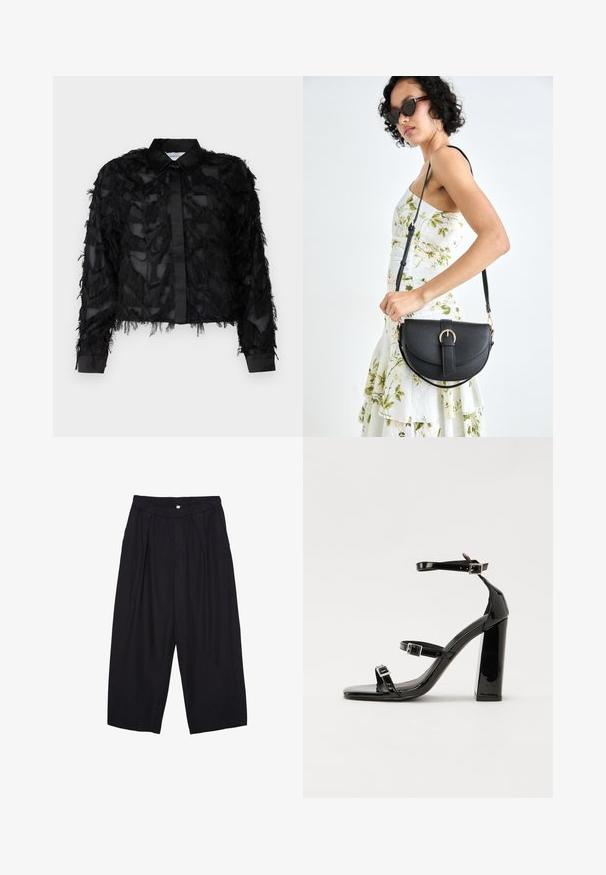 Selected Femme SLFMYLINE FLUFFY CROPPED - Košilová halenka  - black; Černé polyesterové culotte kalhoty s elastickým pasem, dvěma předními sklady a volným siluetou. Žádné viditelné vzory ani kovové detaily.; Černé lakované sandály na podpatku se čtveratou špičkou, lýtkovými pásky a stříbrnými přezkami. Disponují masivním blokovým podpatkem pro stabilitu.; Černá kožená kabelka s křivkovým tvarem, odnímatelným popruhem a zlatými detaily. Kabelka má klopu s přezkou.