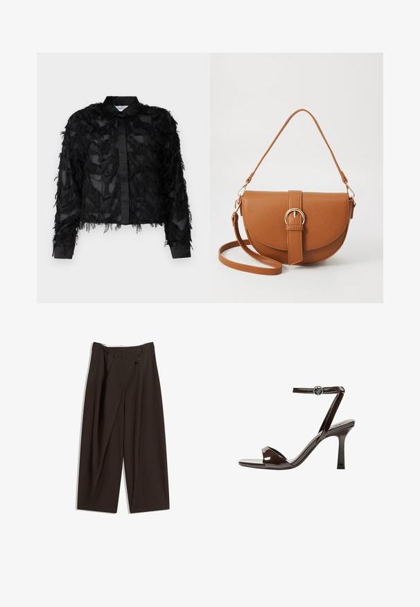 Selected Femme SLFMYLINE FLUFFY CROPPED - Overhemdblouse - black; Donkere bruin wijde broek met een hoge taille, voorzien van een enkele knoopsluiting en een geplooide voorkant. Gemaakt van lichtgewicht stof.; Bruine gepatenteerde lederen sandaal met hoge hak, enkelbandje, open teen, en een strak, minimalistisch ontwerp. Voorzien van een vierkante hak.; Bruine leren schoudertas met een gebogen vorm, gouden hardware en een gespaccent. Bevat een afneembare schouderriem.