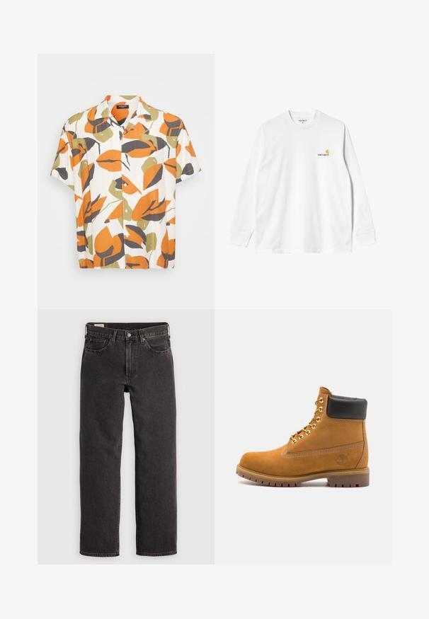 Korte mouw overhemd van lichtgewicht stof met een witte achtergrond en grote oranje, groene en grijze bladvormen. Knopsluiting aan de voorkant.; Witte katoenen T-shirt met lange mouwen en ronde hals, met een klein geel en bordeaux logo op de linkerborst. Naadloze manchetten en zoom.; Zwarte denim jeans met een rechte pijpontwerp, vijf zakken en metalen accenten. De stof heeft een lichte textuur en een effen kleurafwerking.; Tan suède enkelboot met zwart gevoerd kraagje, gouden metalen oogjes, witte stikdetails en een robuuste rubberen zool met uitgesproken profiel.